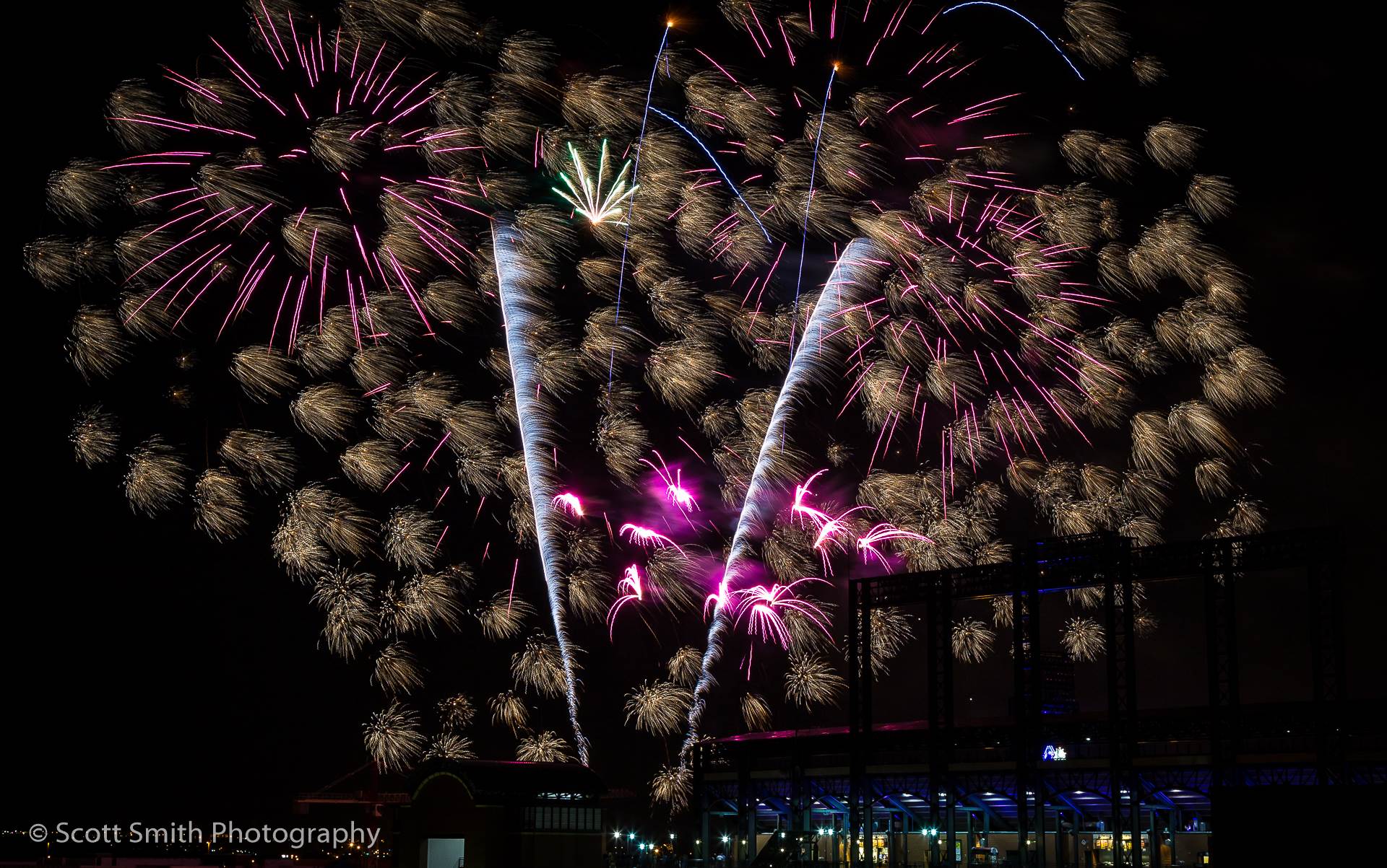 Fireworks over Coors Field 4 - Fourth of July fireworks over Coors Field after a Colorado Rockies game. by Scott Smith Photos