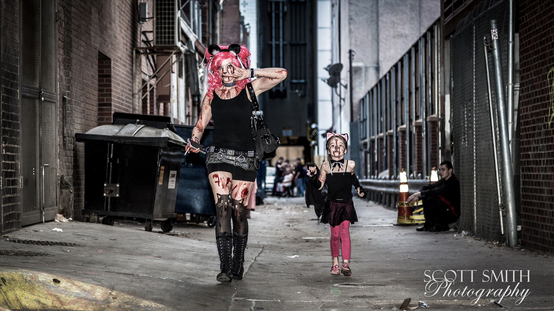 Denver Zombie Crawl 2015 18 - An adorable mother and daughter walking through an alley during Denver's 2015 Zombie Crawl. by Scott Smith Photos