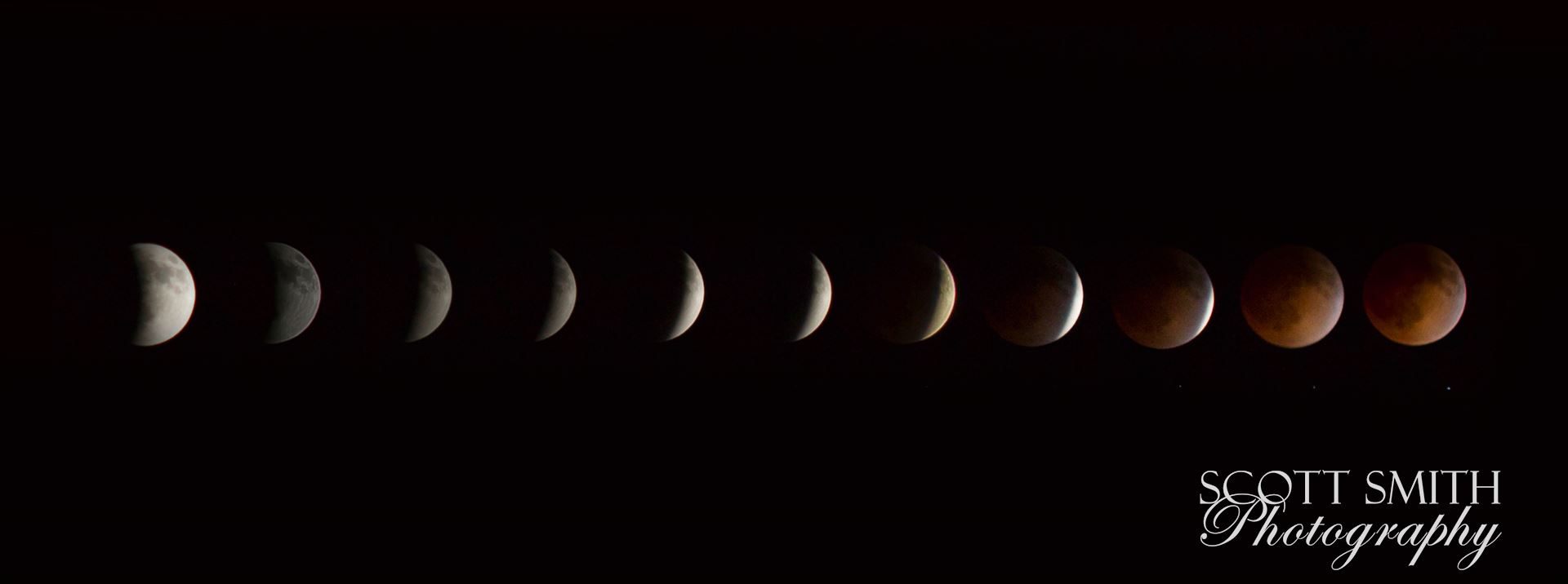 2014 Blood Moon Collage - Lunar eclipse and blood moon, 4/15/2014.  Shot as separate frames with a 100mm Canon f/2.8 and assembled in Photoshop. by Scott Smith Photos