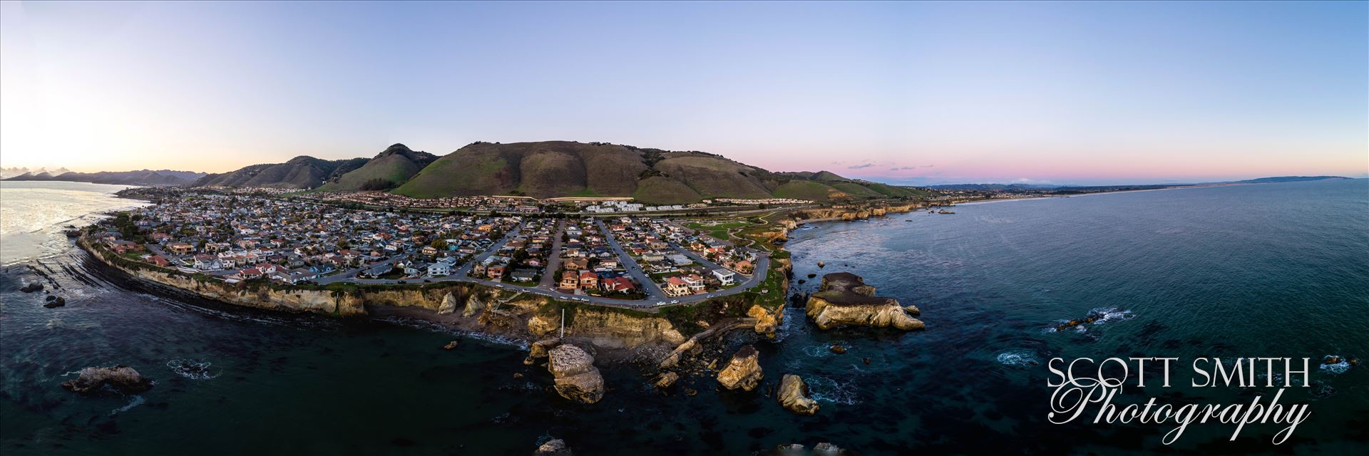 Aerial of Shell Beach, California - Near sunset, at Shell Beach, California.  Composite of 21 high res images from a Phantom 4 Pro.  This is a super high resolution image at over 16k by 4k pixels. by Scott Smith Photos