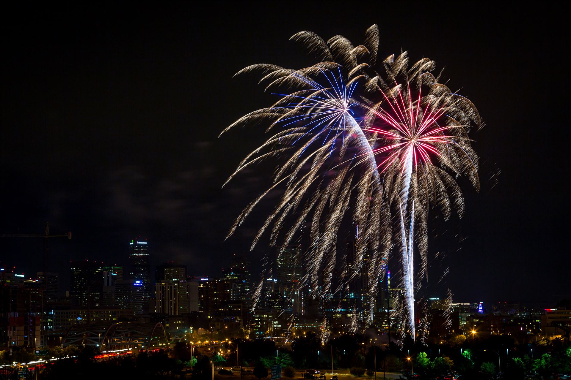 Elitch's Fireworks 2016 - Red White and Blue - Fireworks from Elitch Gardens, taken near Speer and Zuni in Denver, Colorado. by Scott Smith Photos