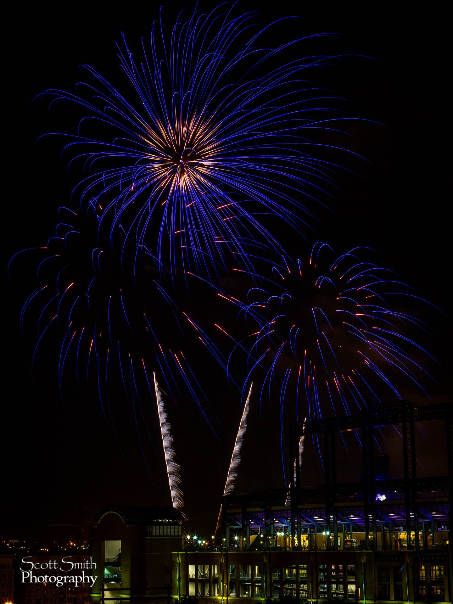 Fireworks over Coors Field 3 - Fourth of July fireworks over Coors Field after a Colorado Rockies game. by Scott Smith Photos