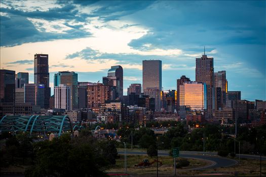 The Denver, Colorado skyline as the sun sets.