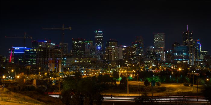 The Denver, Colorado skyline at night.