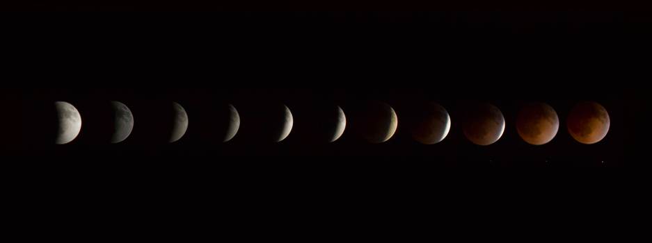 Lunar eclipse and blood moon, 4/15/2014.  Shot as separate frames with a 100mm Canon f/2.8 and assembled in Photoshop.