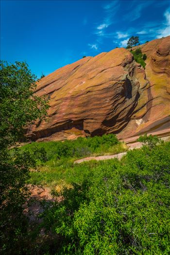 From the Trading Post in Red Rocks Park, a brilliant blue-bird sky brings out all the colors in the area's geological features.
