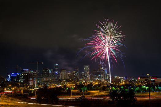 Fireworks from Elitch Gardens, taken near Speer and Zuni in Denver, Colorado.