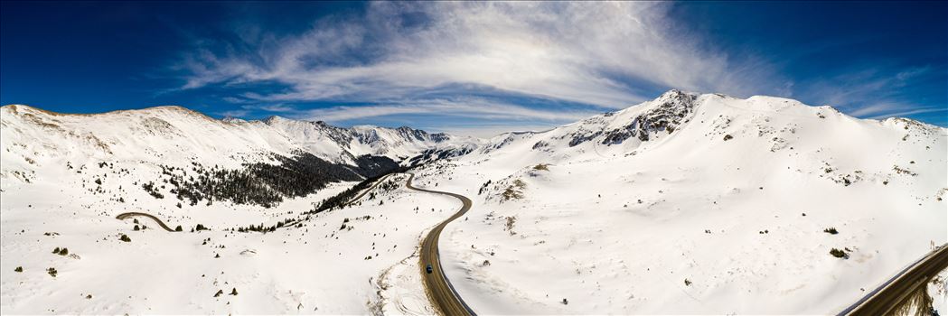 A panoramic aerial photo of Loveland Pass, Colorado, made up of 21 separate photos.